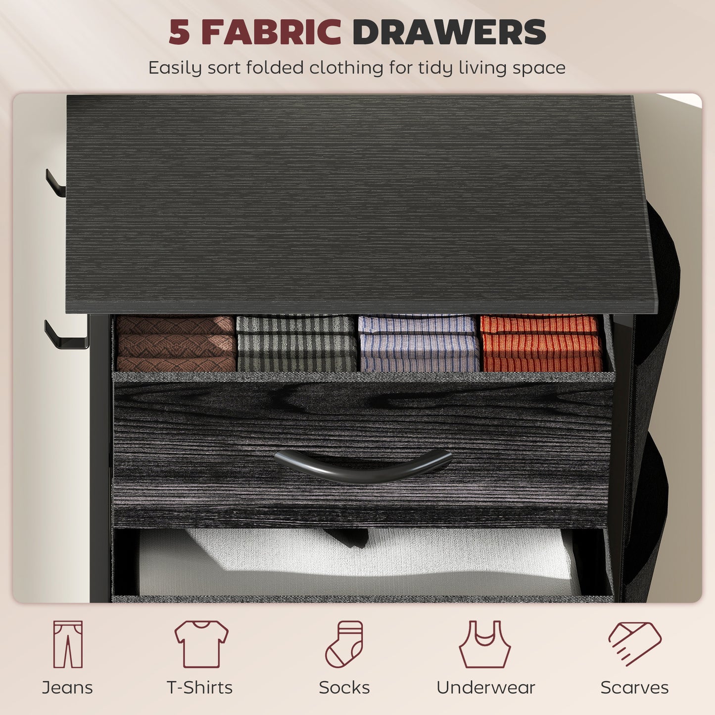 Koratti Fabric And Metal Black 5 Drawer Storage Chest