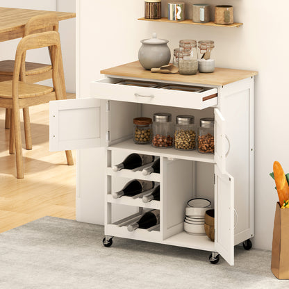 Hala Wooden White Rolling Kitchen Island With Wine Rack 1 Drawer 3 Doors