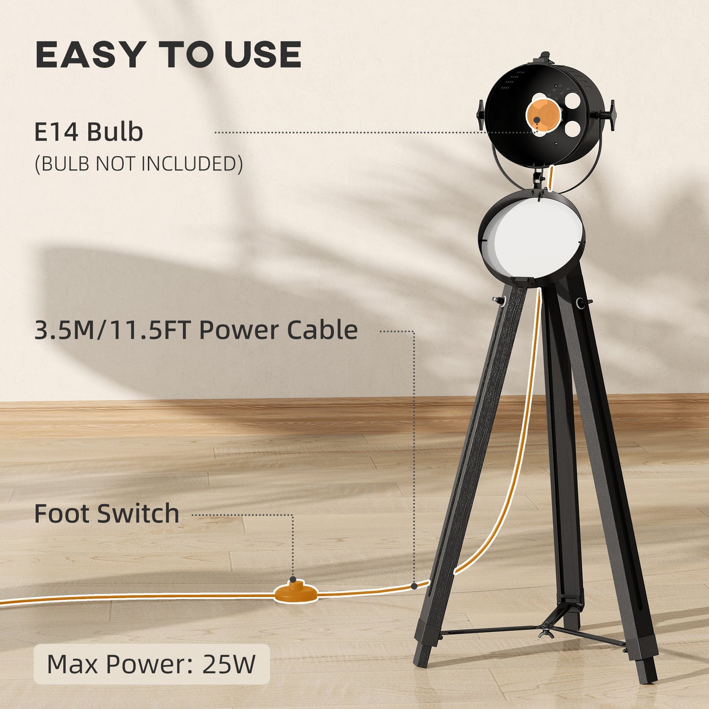 Suta Wood And Metal Black Tripod Searchlight Floor Lamp Adjustable Head