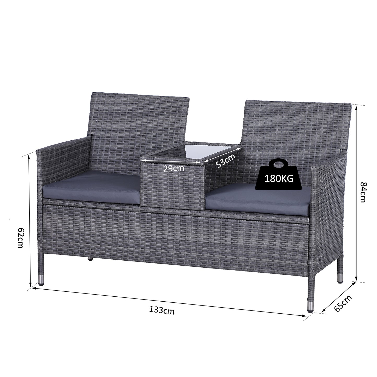 Tapata Rattan Grey 2 Seater Outdoor Garden Bench With Central Table