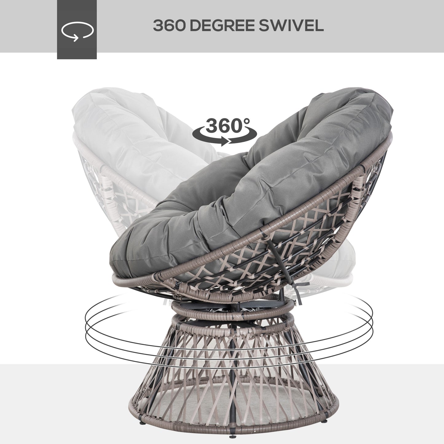 Rarare Grey Rattan Swivel Papasan Style Moon Chair With Oversized Cushion