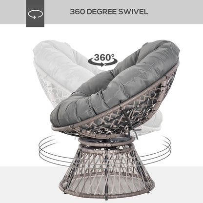Rarare Grey Rattan Swivel Papasan Style Moon Chair With Oversized Cushion