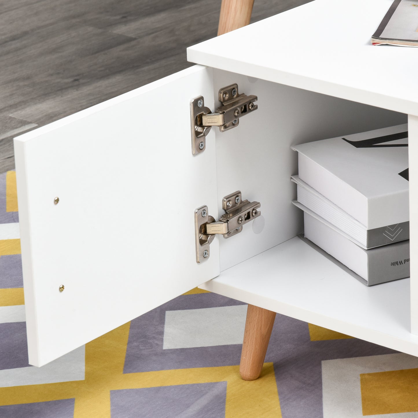 Lusayo Wooden White Minimalist Coffee Table With Storage Shelf And Drawer