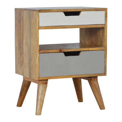 Pranburi Grey and White Mango Wood Bedside Table 2 Drawers and Open Shelf