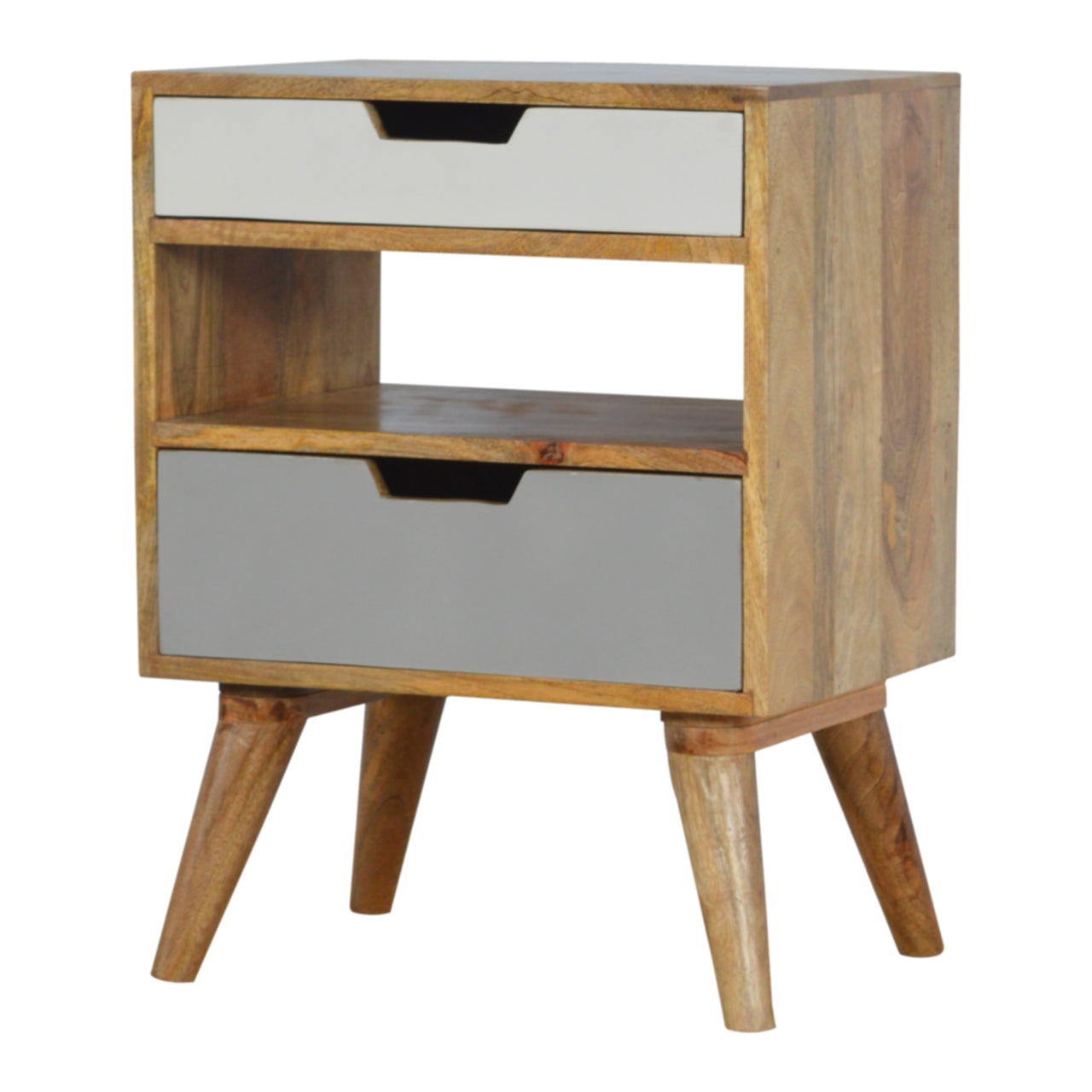 Pranburi Grey and White Mango Wood Bedside Table 2 Drawers and Open Shelf