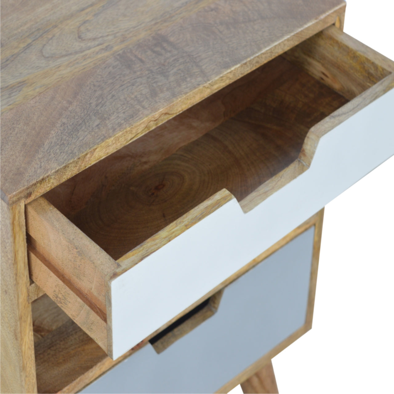Pranburi Grey and White Mango Wood Bedside Table 2 Drawers and Open Shelf