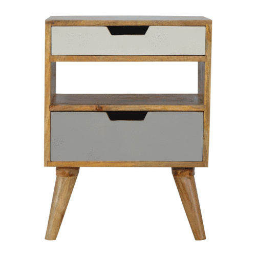 Pranburi Grey and White Mango Wood Bedside Table 2 Drawers and Open Shelf