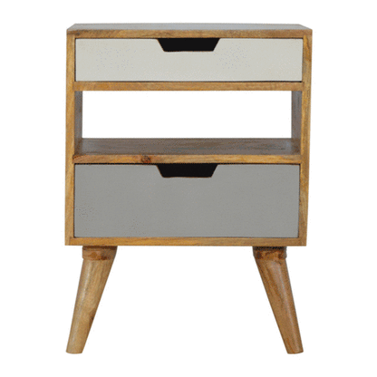 Pranburi Grey and White Mango Wood Bedside Table 2 Drawers and Open Shelf