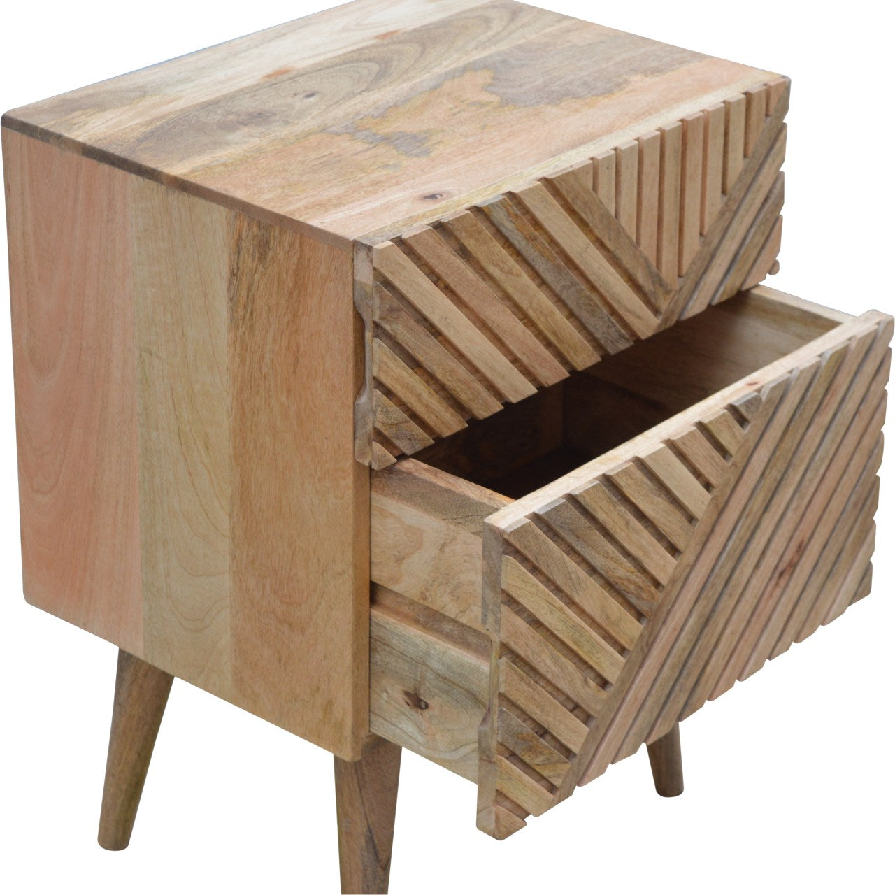 Orvieto Line Carved Natural Mango Wood 2 Drawer Bedside Table