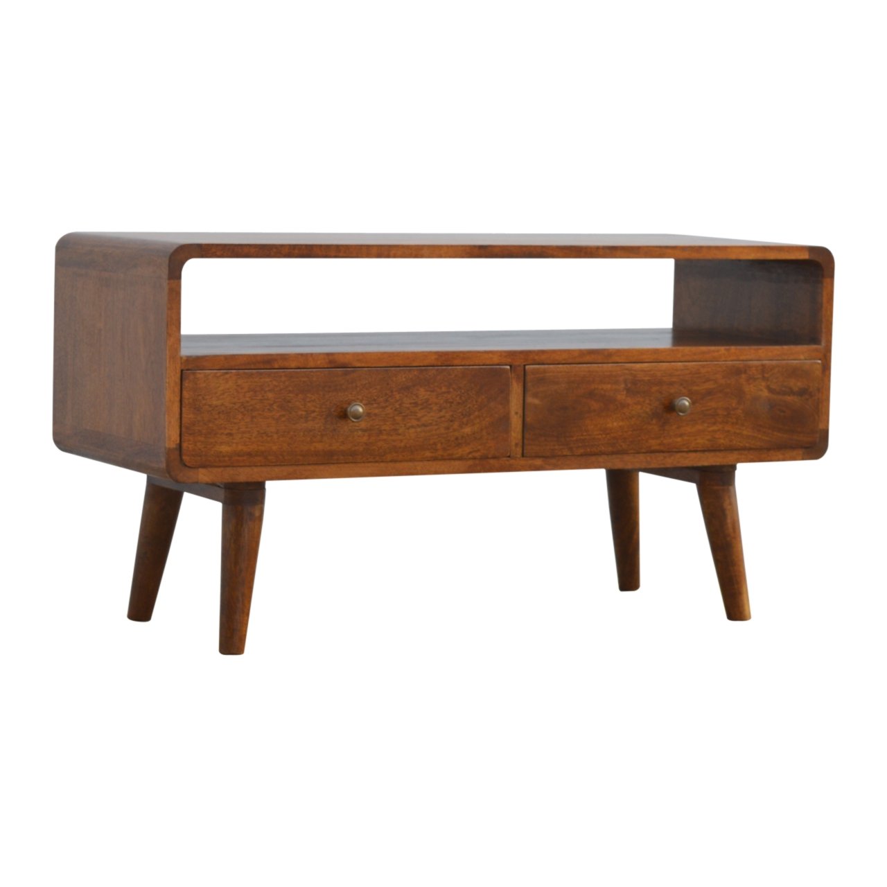 Ostuni Low Curved Chestnut Mango Wood TV Media Unit 2 Drawers and Open Shelf