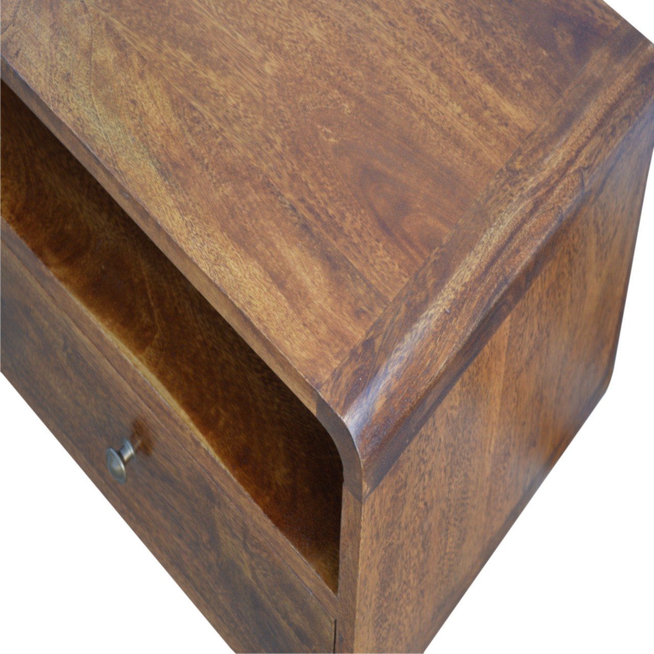Ostuni Low Curved Chestnut Mango Wood TV Media Unit 2 Drawers and Open Shelf
