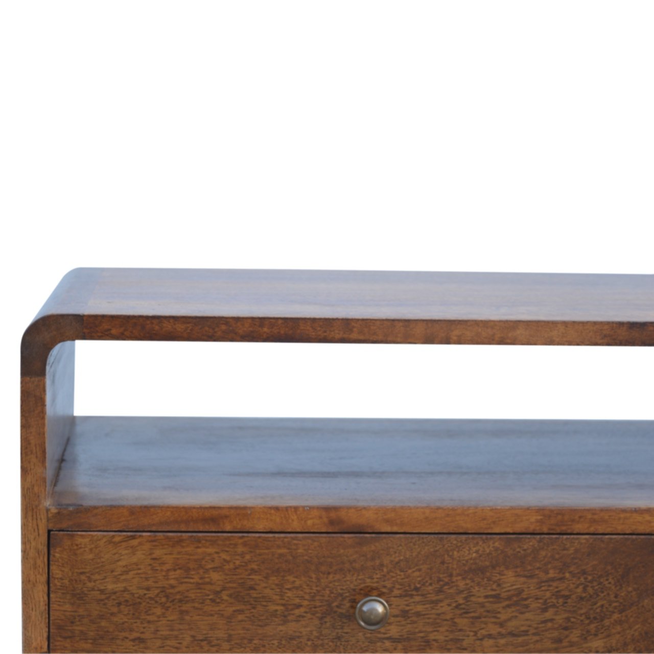 Ostuni Low Curved Chestnut Mango Wood TV Media Unit 2 Drawers and Open Shelf