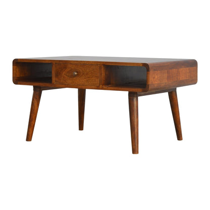 Ostuni Curved Chestnut Mango Wood Coffee Table with Drawer and Open Shelves