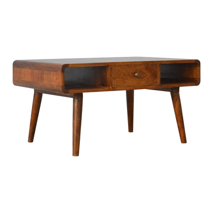 Ostuni Curved Chestnut Mango Wood Coffee Table with Drawer and Open Shelves