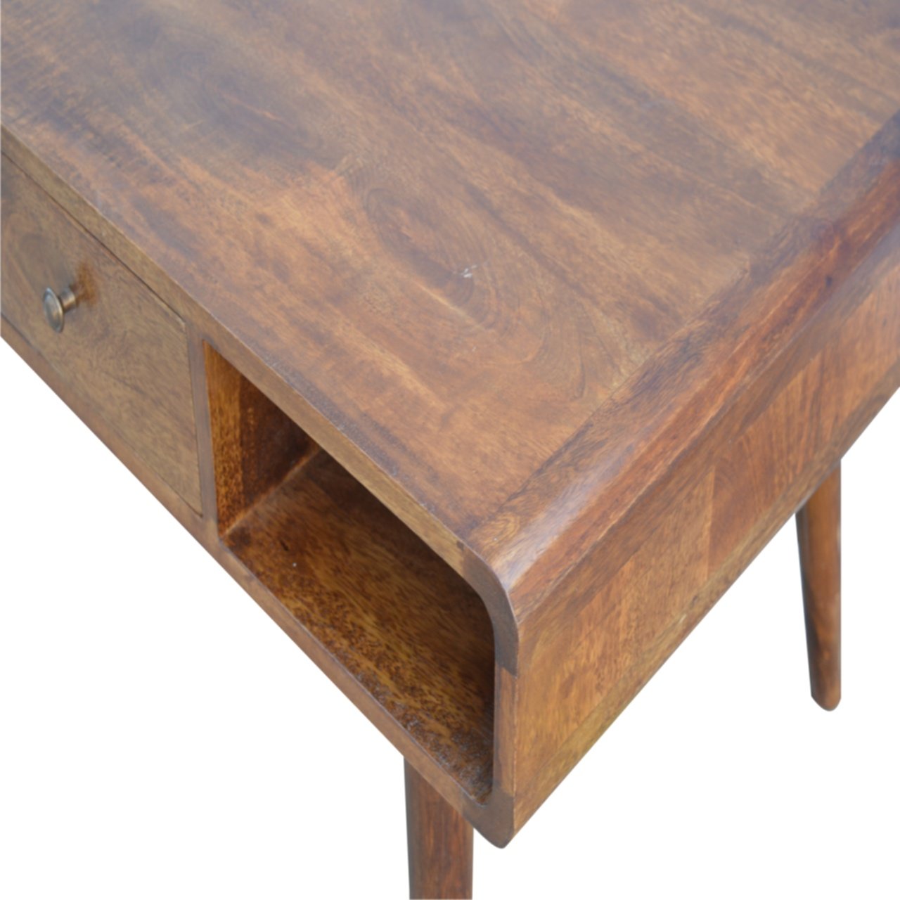 Ostuni Curved Chestnut Mango Wood Coffee Table with Drawer and Open Shelves