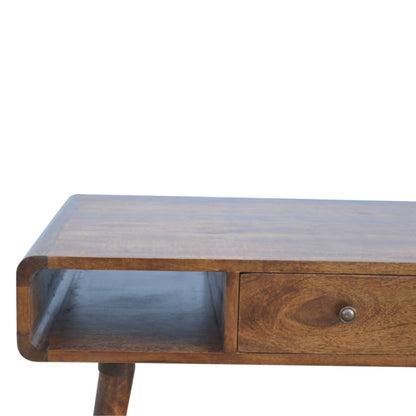 Ostuni Curved Chestnut Mango Wood Coffee Table with Drawer and Open Shelves