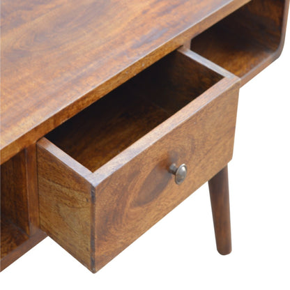 Ostuni Curved Chestnut Mango Wood Coffee Table with Drawer and Open Shelves