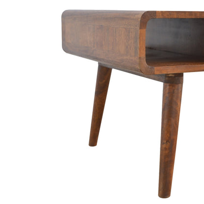Ostuni Curved Chestnut Mango Wood Coffee Table with Drawer and Open Shelves