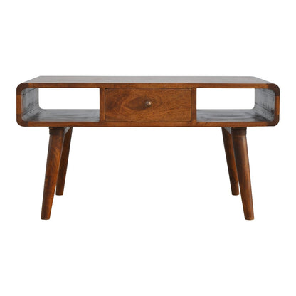 Ostuni Curved Chestnut Mango Wood Coffee Table with Drawer and Open Shelves
