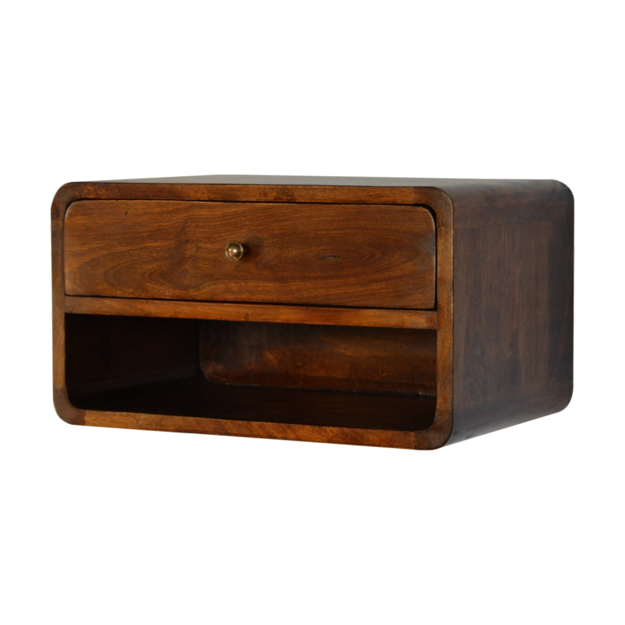 Bologna Minimalist Chestnut Mango Wood Curve Floating Bedside Table with Drawer