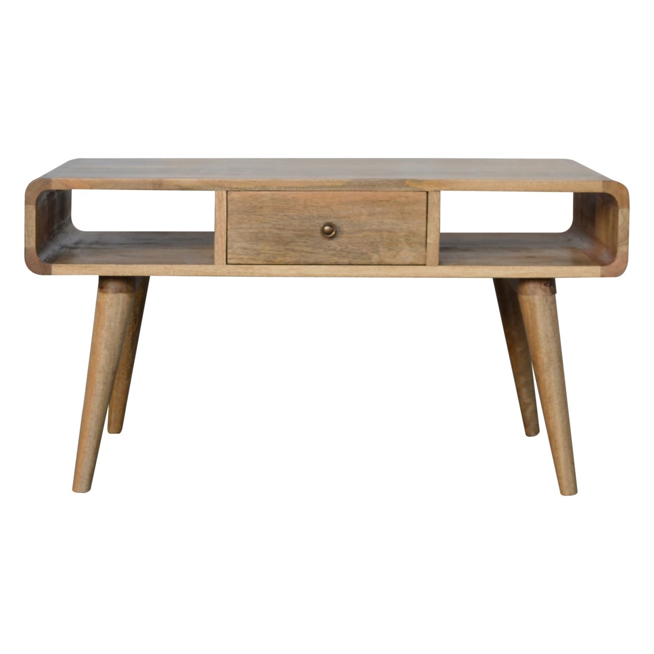 Urbino Curved Oak Mango Wood Coffee Table 2 Side Drawers Open Shelves