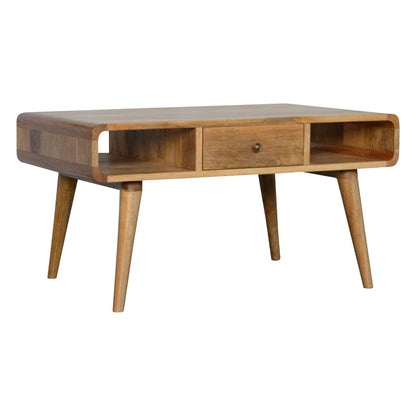 Urbino Curved Oak Mango Wood Coffee Table 2 Side Drawers Open Shelves