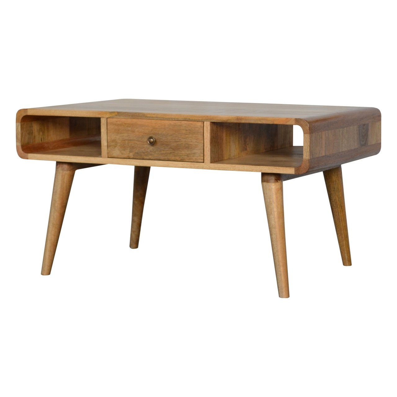 Urbino Curved Oak Mango Wood Coffee Table 2 Side Drawers Open Shelves