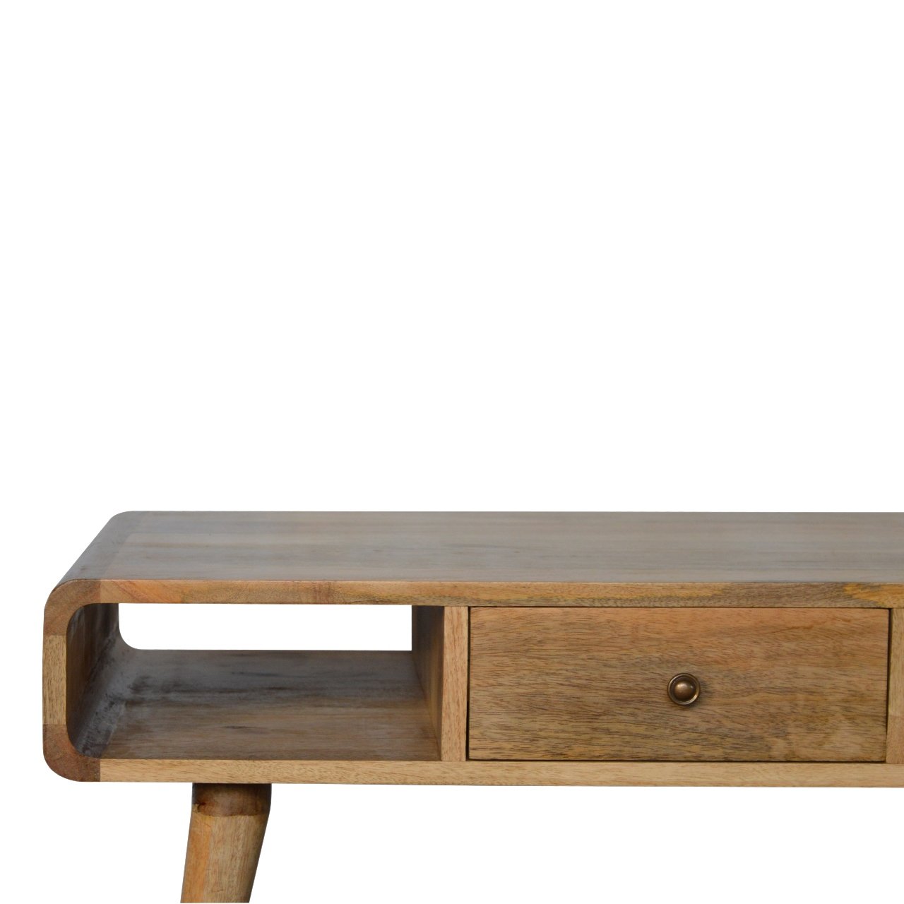 Urbino Curved Oak Mango Wood Coffee Table 2 Side Drawers Open Shelves