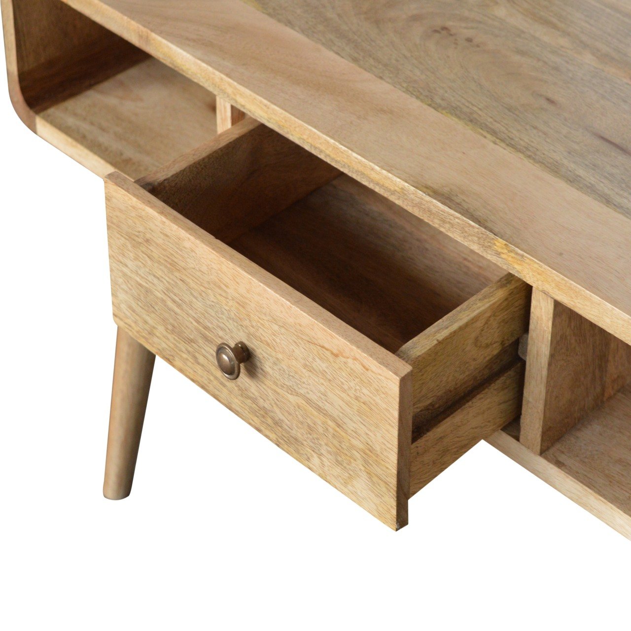 Urbino Curved Oak Mango Wood Coffee Table 2 Side Drawers Open Shelves