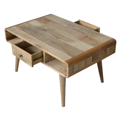 Urbino Curved Oak Mango Wood Coffee Table 2 Side Drawers Open Shelves