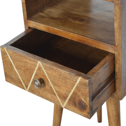 Ferrara Mini Geometric Brass Pattern Bedside Table with Drawer and Open Shelf