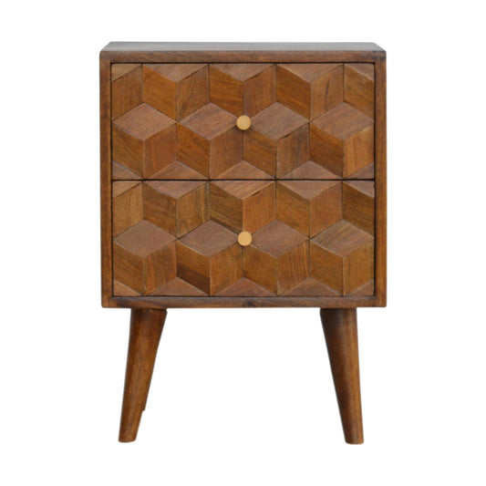 Arezzo Chestnut Mango Wood Cube Carved Bedside Table