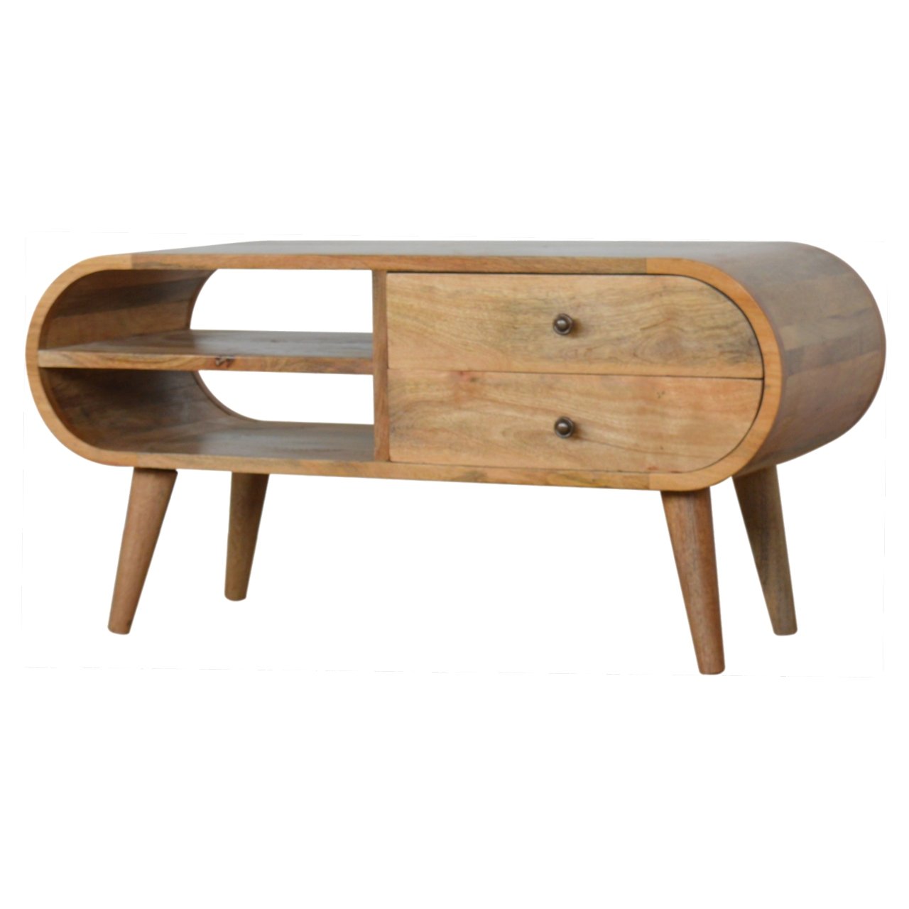 Verona Natural Mango Wood Oval TV Media Unit 2 Drawers and Open Shelf