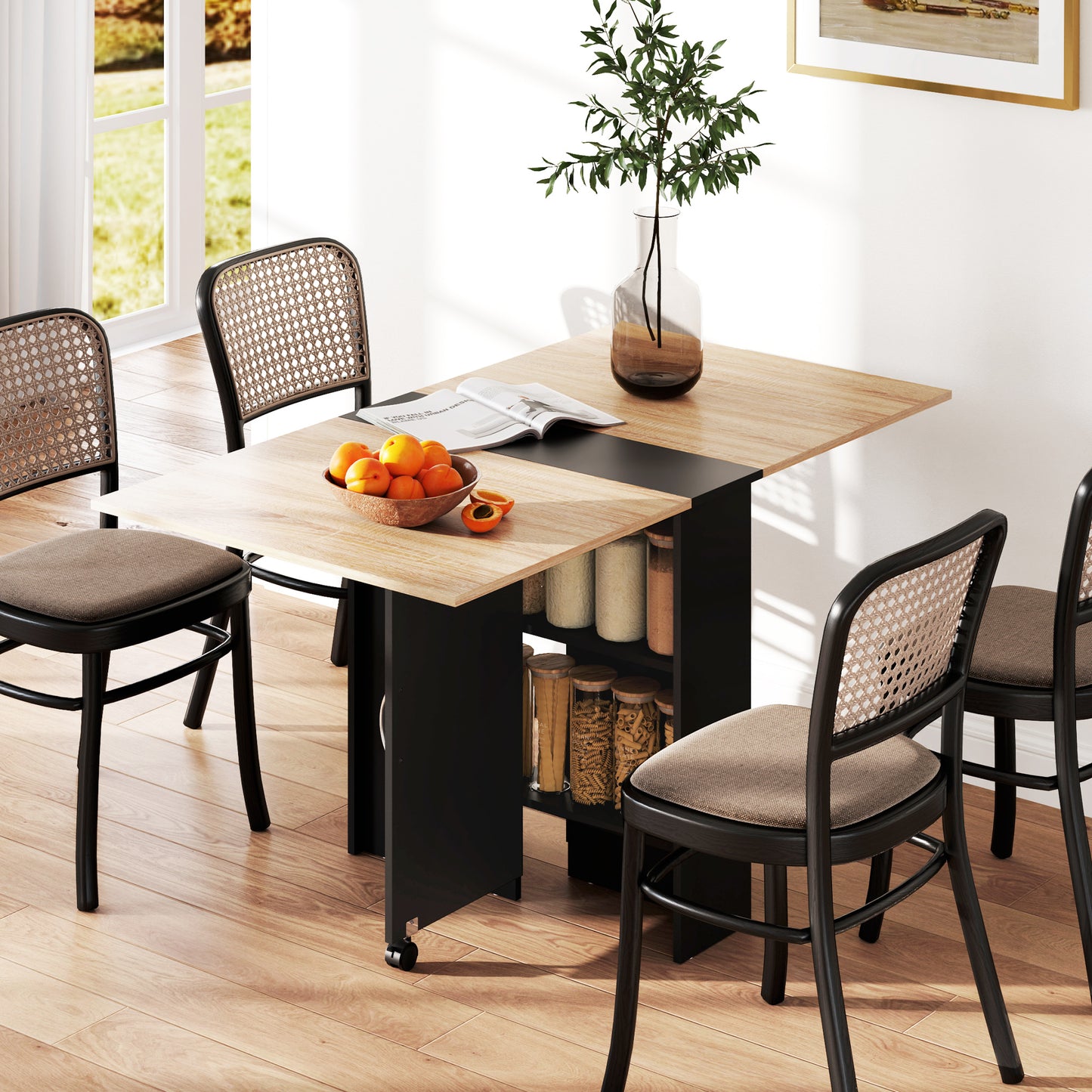 Toelka Wooden Oak And Black Ex10dable Drop Leaf Dining Table With Shelves And Castors