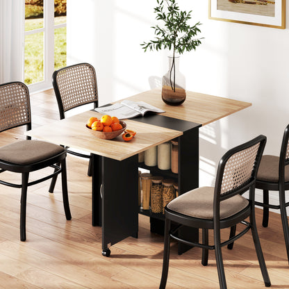 Toelka Wooden Oak And Black Ex10dable Drop Leaf Dining Table With Shelves And Castors