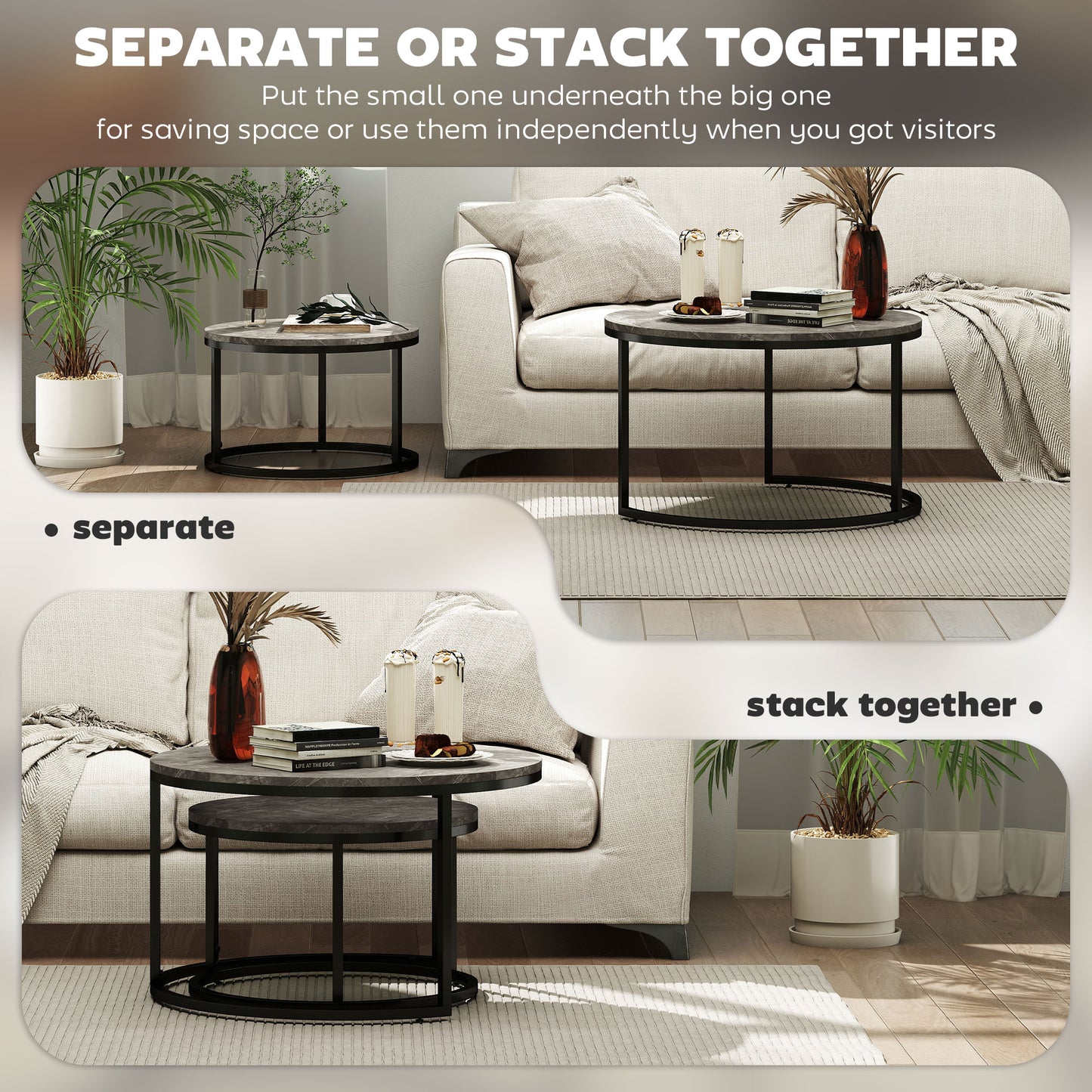 Reniso Set Of 2 Metal And Wood Marble Effect Industrial Round Nesting Coffee Tables