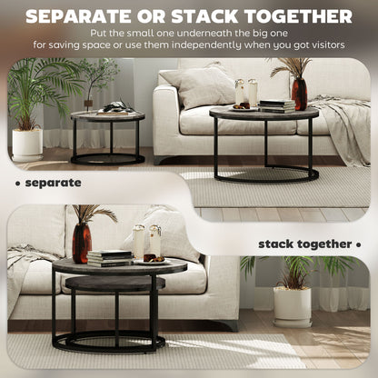 Reniso Set Of 2 Metal And Wood Marble Effect Industrial Round Nesting Coffee Tables