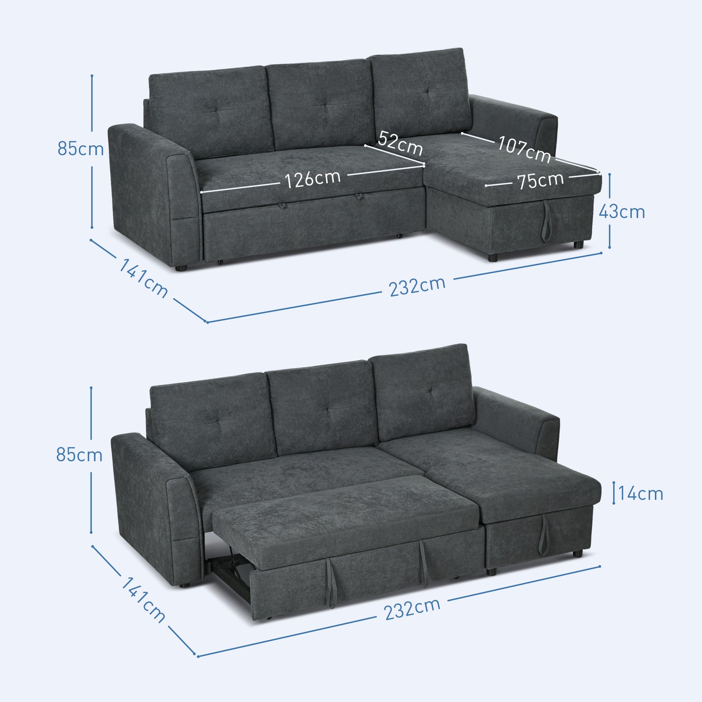 Moso Dark Grey Fabric 3 Seater Pull Out Sofa Bed With Hidden Storage