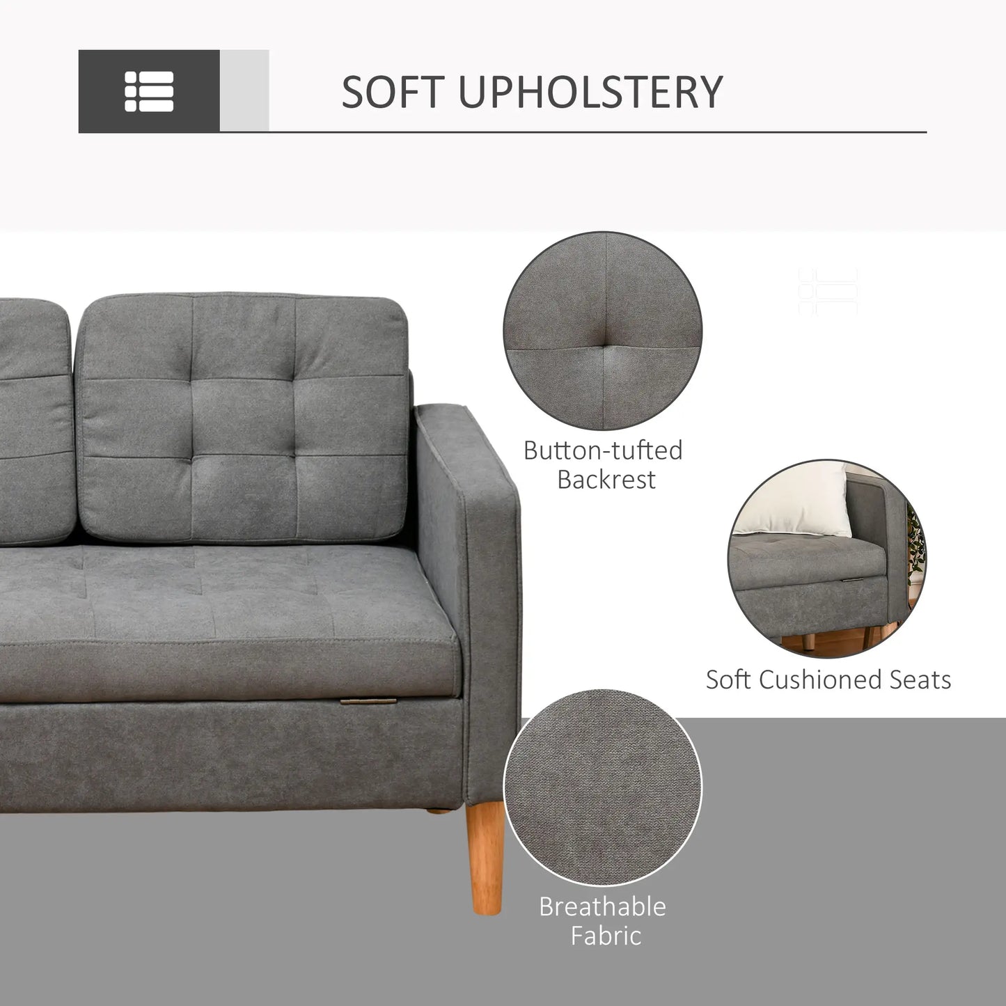 Fabric Grey 3 Seater Sofa With Hidden Storage Tufted Seat And Wooden Legs
