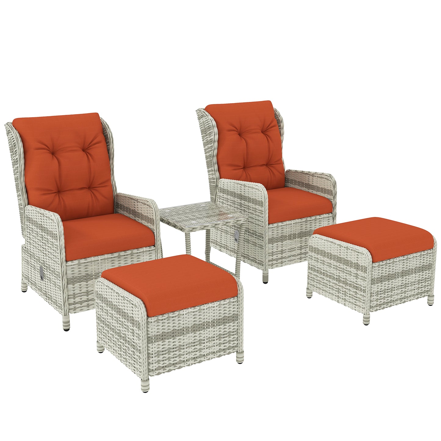 Bapa Rattan Orange 5 Piece Reclining Bistro Furniture Set with Glass Top Table And Footstools