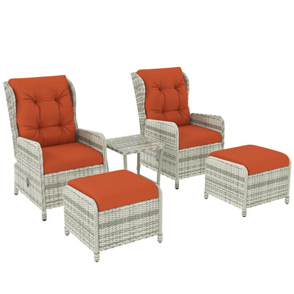 Bapa Rattan Orange 5 Piece Reclining Bistro Furniture Set with Glass Top Table And Footstools