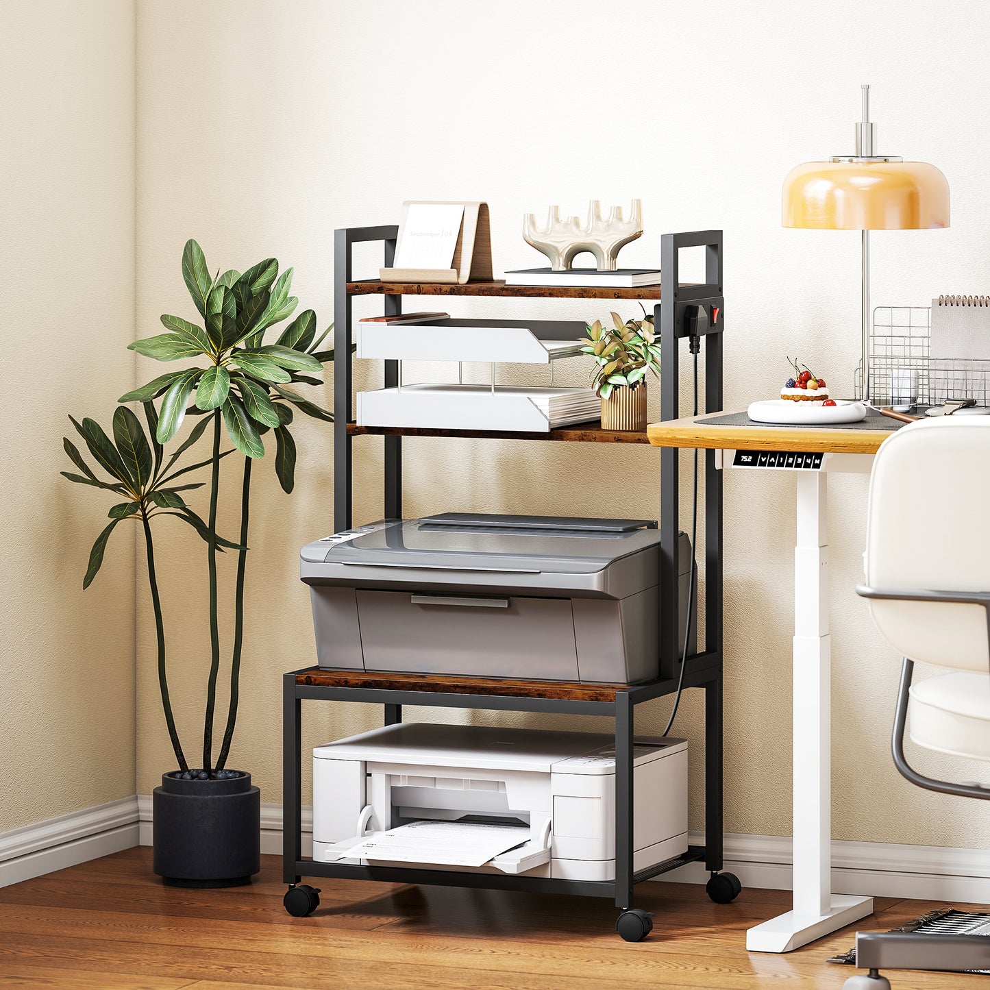 Suto Nivi Metal And Wood Rustic Brown 4 Tier Printer Stand With Power Outlets And Wheels