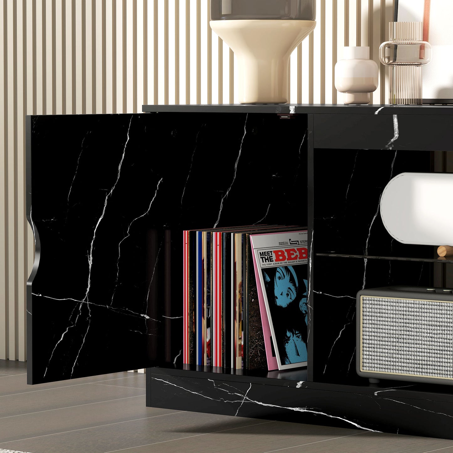Avadell 148cm Black Marble Effect TV Unit With Glass Shelves For Screens Up To 55 Inches
