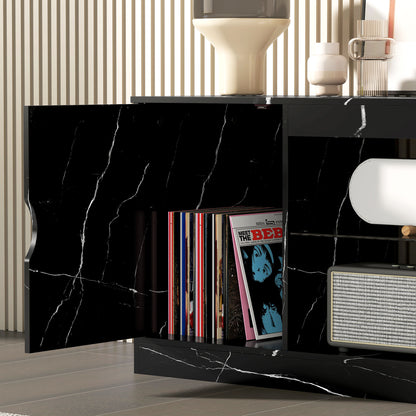 Avadell 148cm Black Marble Effect TV Unit With Glass Shelves For Screens Up To 55 Inches