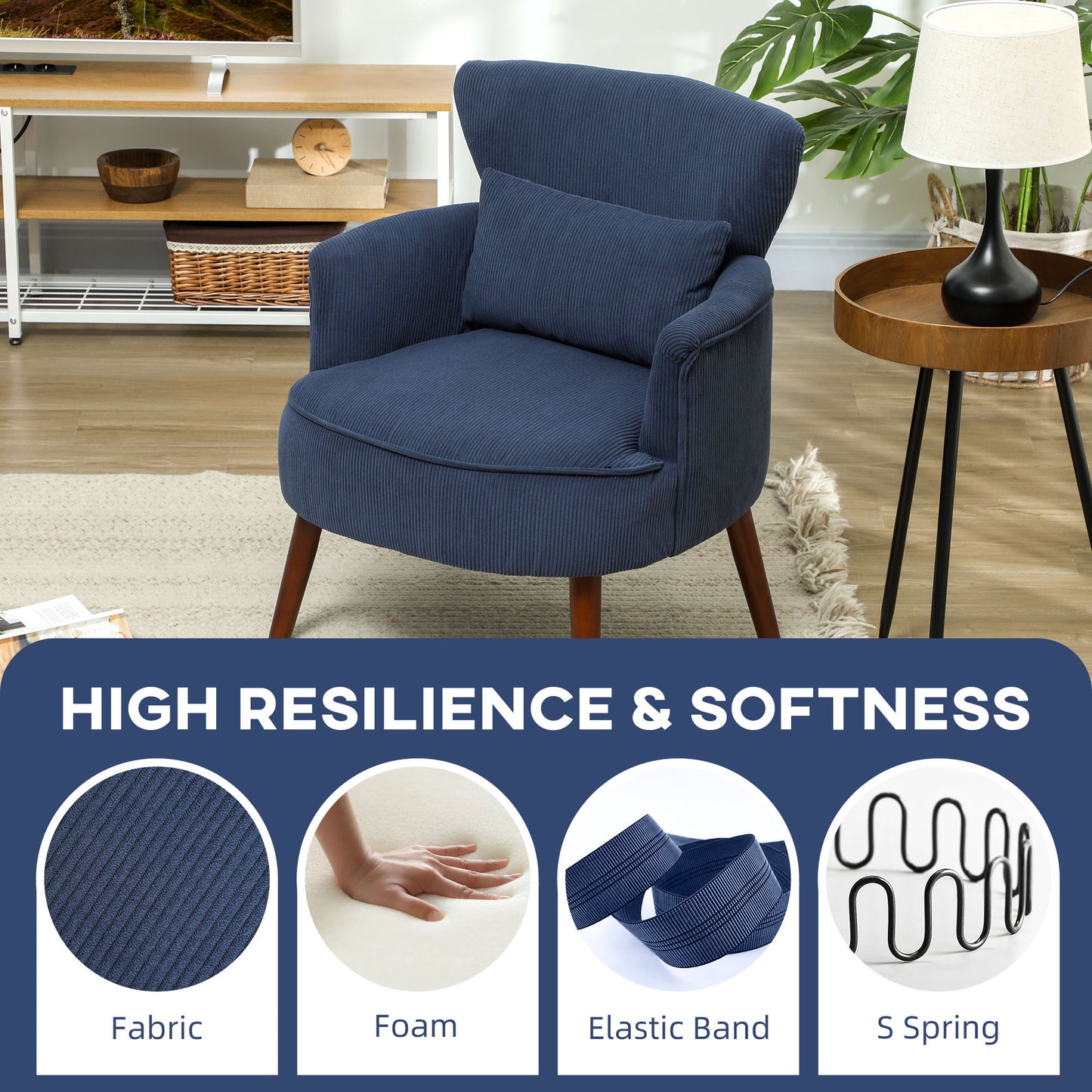 Kesu Blue Corduroy Retro Style Accent Chair Dark Wooden Angled Legs