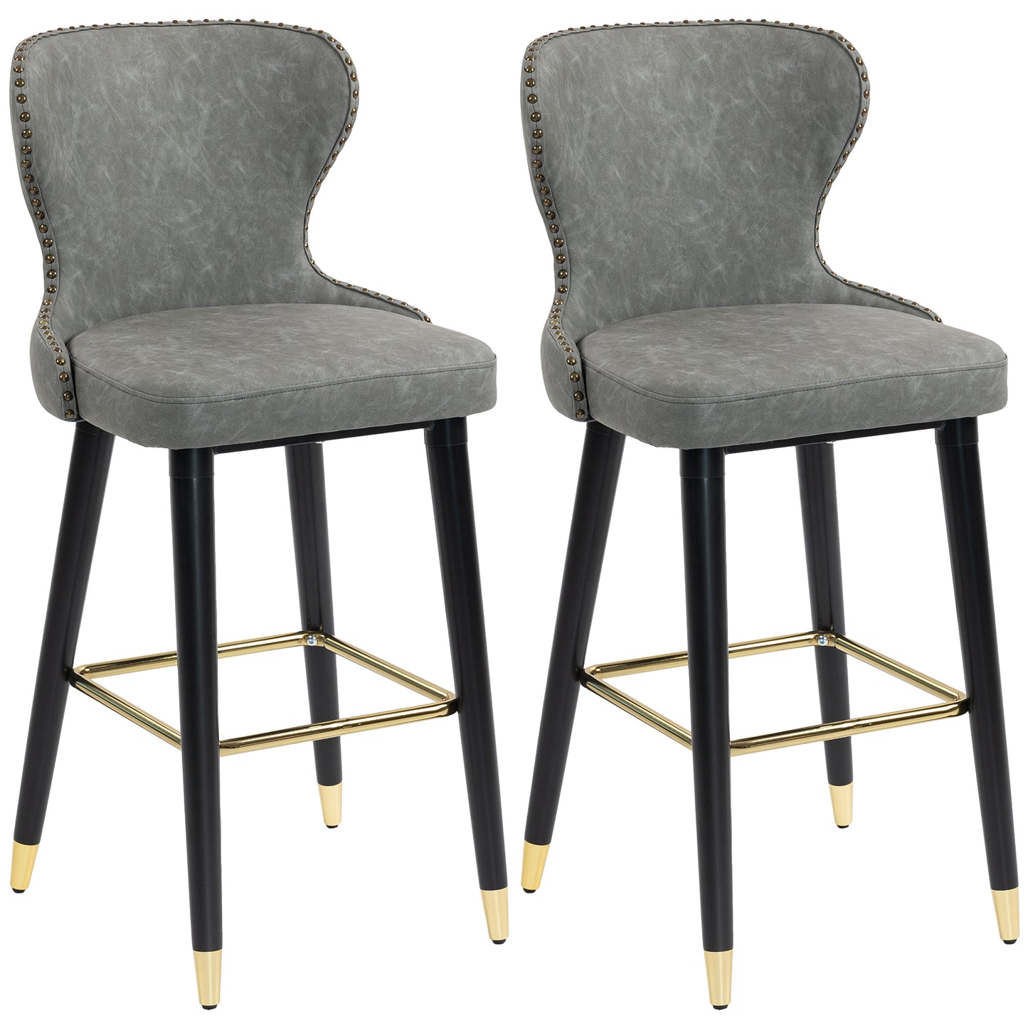 Finomo Set Of 2 Grey Faux Leather Bar Stools With Wooden Legs And Footrest