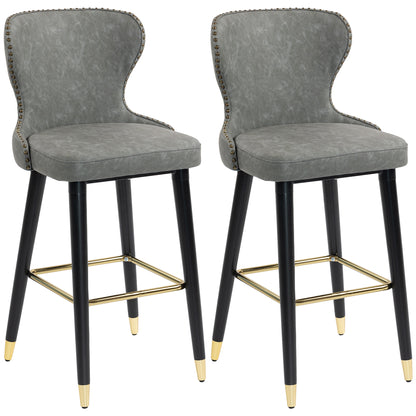 Finomo Set Of 2 Grey Faux Leather Bar Stools With Wooden Legs And Footrest