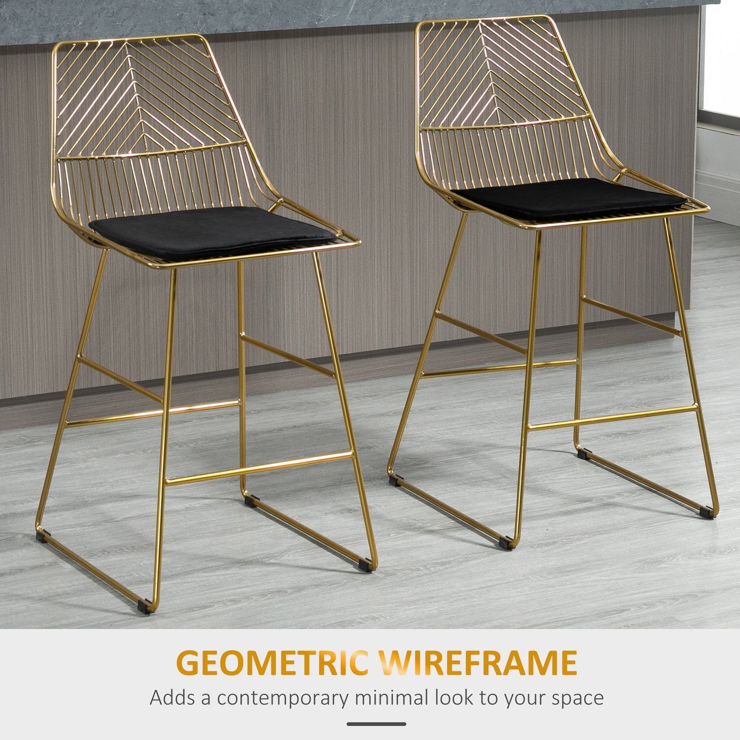 Sunira Metal Gold Counter H8 Bar Stools Set Of 2 With Wire Frame Design
