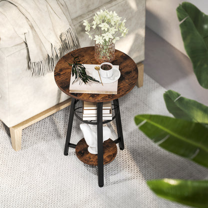 Neri Rustic Brown Wooden Round Side Table With 3 Tier Storage Floral Design