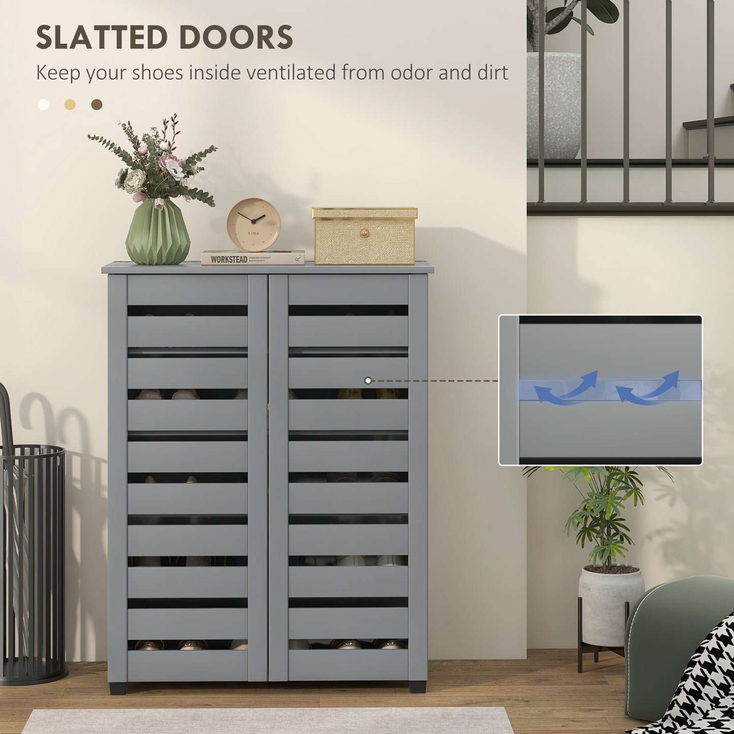 Zifa Wooden Grey Slim Shoe Cabinet With 5 Tier Storage And Slatted Doors